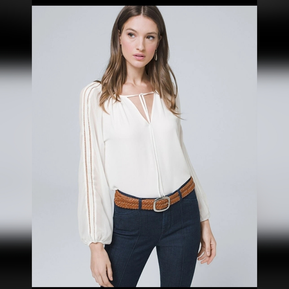 WHBM Tie-Neck Semi-Sheer Blouse Size 10 Ecru